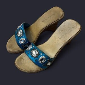 Fairycore Blue Sequin Rhinestone Slip On Beige Wedge Heels from Charlotte Russe